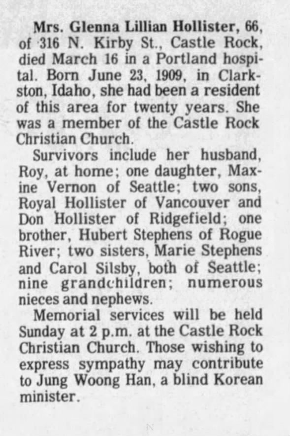 Obituary for Glenna Lillian Hollister (Aged 66)